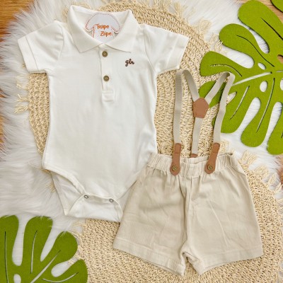 Conj. Body Gola Polo e Bermuda com Suspensório - Off White e Areia